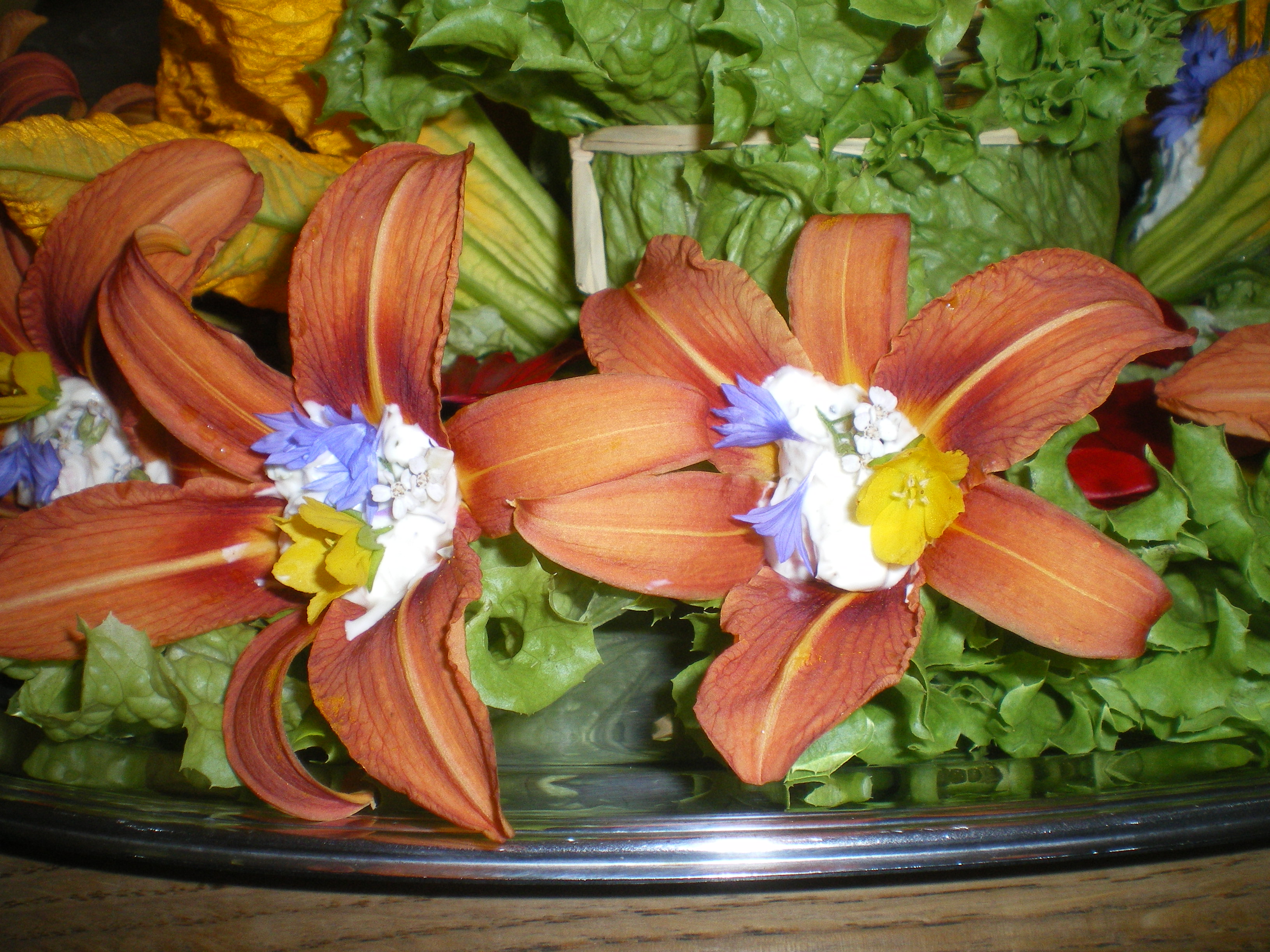 Zwei Blüten gefüllt mit Frischkäse.